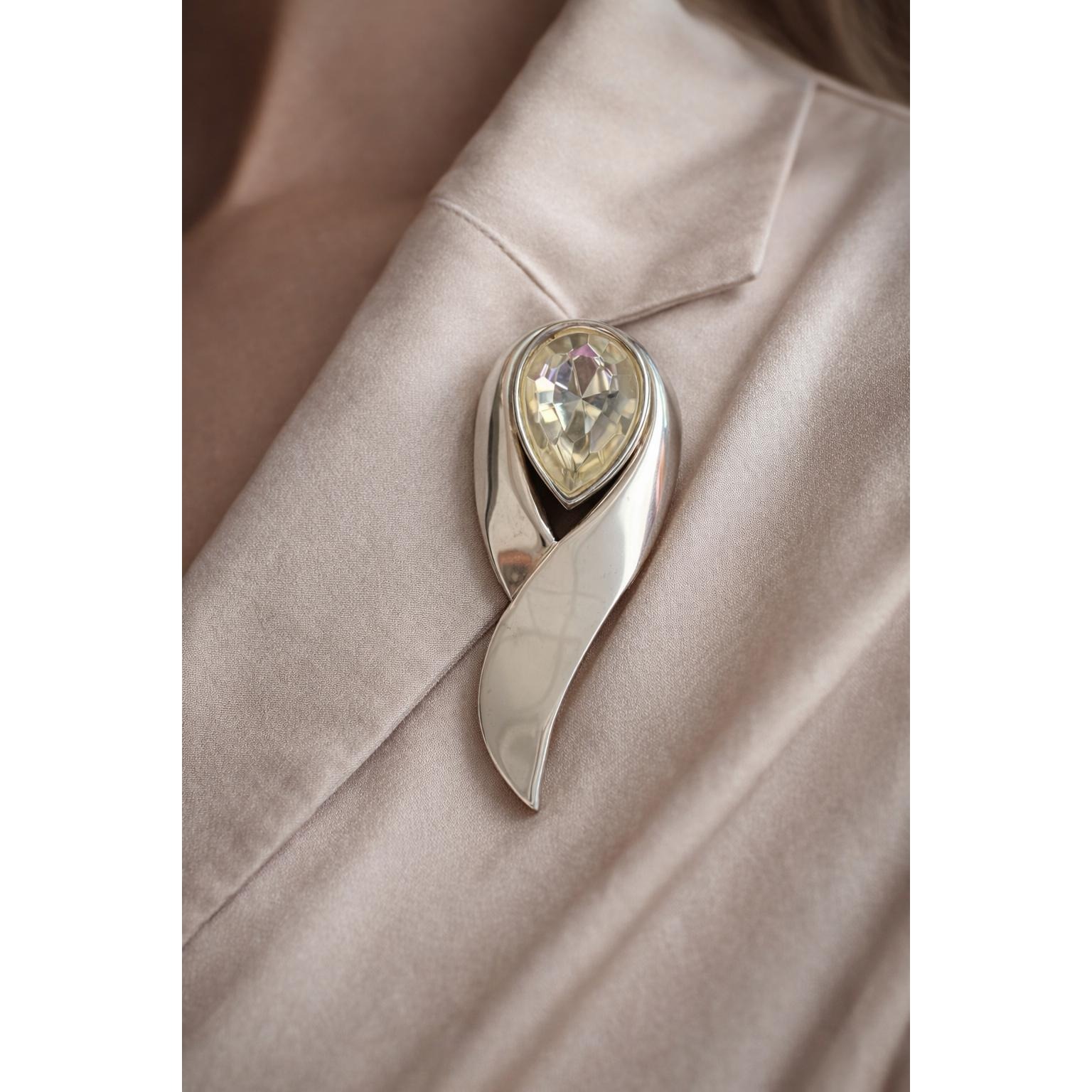Vintage Modernist Silver Brooch With Teardrop Crystal Abstract Statement Pin